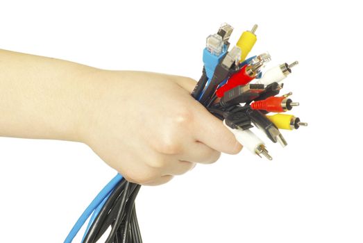 Computer cables in hand isolated on white background