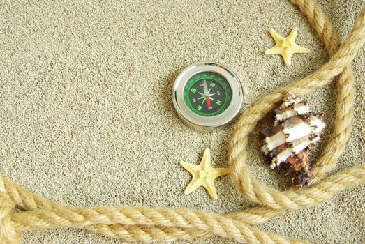 starfish and shells in rope on sand