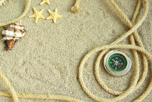 starfish and shells in rope on sand