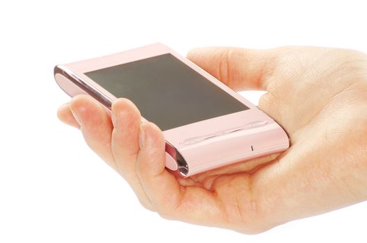 female hand is holding a modern touch screen phone