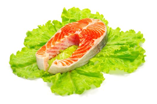 salmon and lettuce isolated on white background