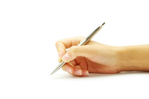 Hand and pen on the white background