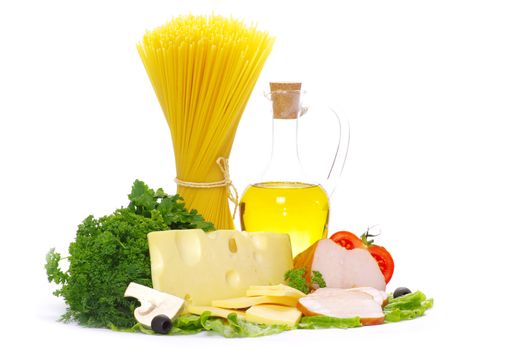 Ingredients for cooking italian pasta over white