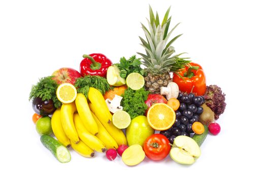 Fresh fruits and vegetables isolated on white
