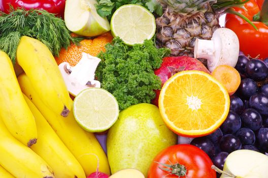 vegetables and fruits on white