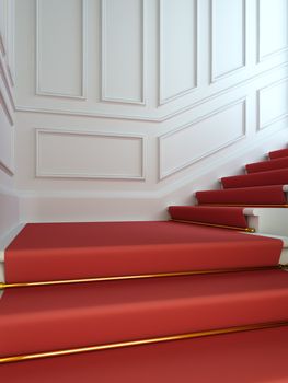 A 3D illustration of a classical staircase with a red carpet.