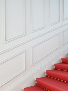 A 3D illustration of a classical staircase with a red carpet.