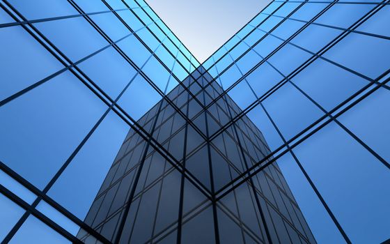 3D illustration of ultramodern glass facade and sky.