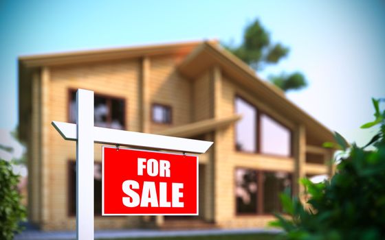 A 3D illustration of "Home For Sale" sign in front of new house