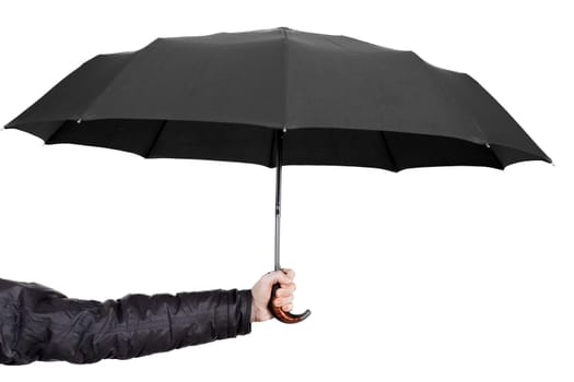 Women hand holding rain wet weather black umbrella