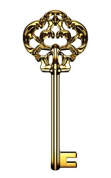 Old golden key isolated on white background.