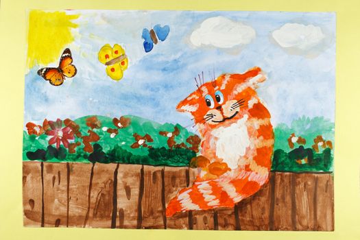 Red Cat and Butterflies, a children's drawing and watercolor.