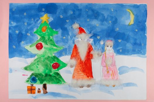 Santa Claus with Christmas tree, a child's drawing and watercolor.