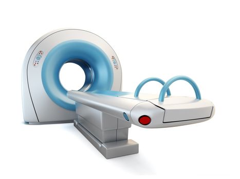 A 3D illustration of a MRI(Magnetic Resonance Imaging) scanner, isolated on white background.