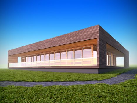 3D illustration of ecological modern wood house.