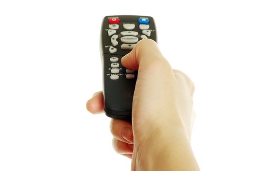 remote control in hand isolated on white background