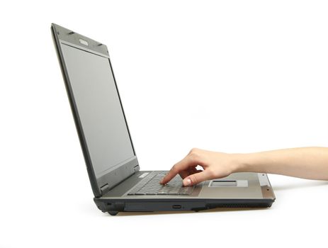  hand on the laptop isolated on white background