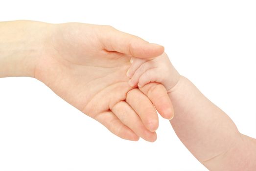 Baby hand holding mother finger isolated on white