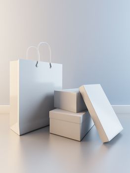 A 3D illustration of composition of paper bag and boxes for shoes