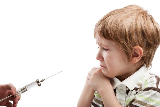 Medicine healthcare syringe injecting scared child