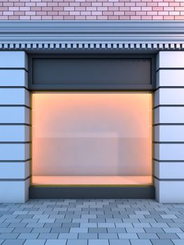 3D illustration of a classical empty storefront with the evening lighting.