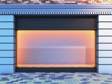 3D illustration of a classical empty storefront with the evening lighting.