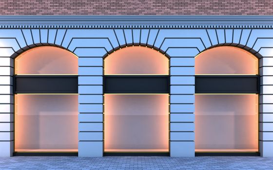 3D illustration of a classical empty storefront with the evening lighting.