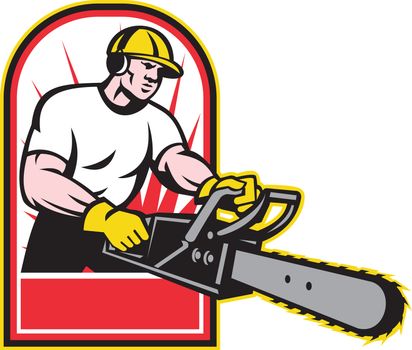 Illustration of an arborist,tree surgeon,tree trimmer or pruner operating a chainsaw with sunburst in background done in retro style on isolated white background.
