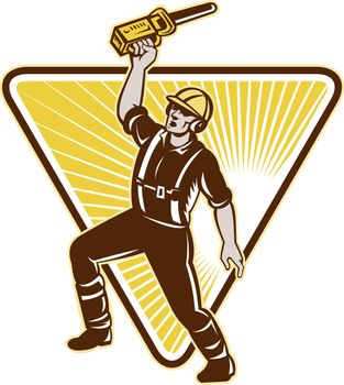 Illustration of an arborist,tree surgeon,tree trimmer or pruner raising up chainsaw with one hand with triangle and sunburst in background done in retro style.
