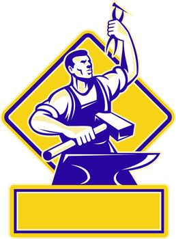 Illustration of a blacksmith holding a hammer and raising up pliers with anvil in front and diamond in background done in retro style.
