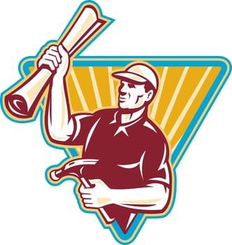 Illustration of a carpenter holding up a building plan and hammer sunburst in background set inside a triangle on isolated background.
