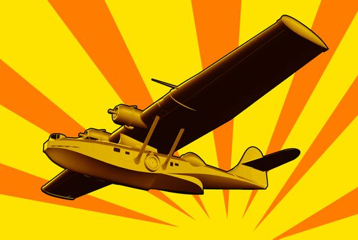 Illustration of  World War two Catalina PBY Flying Boat Sea Plane Retro in full flight done in  retro style.
