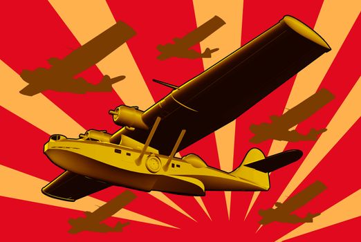 Illustration of  World War two Catalina PBY Flying Boat Sea Plane Retro in full flight done in  retro style.
