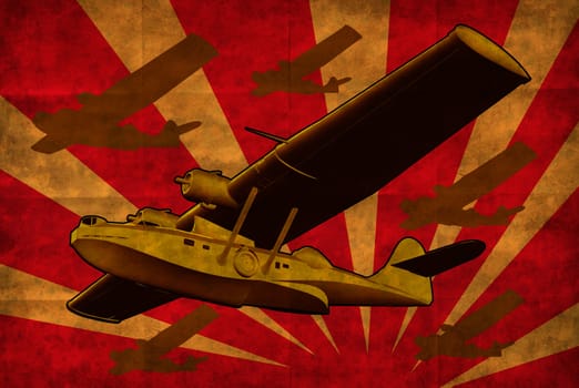 Illustration of  World War two Catalina PBY Flying Boat Sea Plane Retro in full flight done in grunge retro style.
