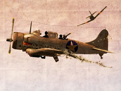Illustration of  World War two Dauntless Dive Bomber Plane engaged in a dogfight on grunge background.