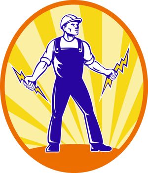 Illustration of  power lineman electrician repairman worker holding electric lightning bolt viewed from front with  sunburst in background set inside ellipse done in retro style.
