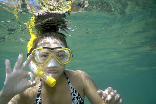 Scuba diving with underwater view.