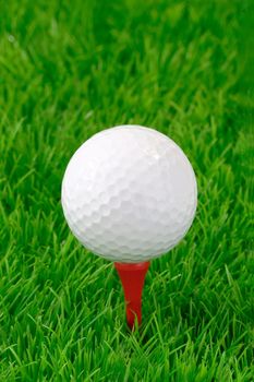 Closeup from white golf ball on green grass