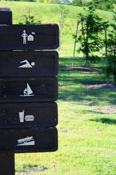 Park directions board close up on a sunny day.
