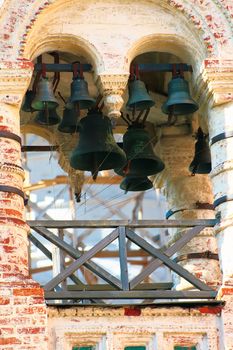 The bells on the belfry of the Rostov Kremlin. Close-up.