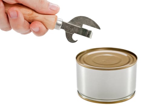 Hand holding canned preserved food metal can opener