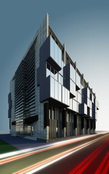 A 3D illustration of contemporary business centre building.