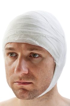 White bandage on human brain concussion wound head