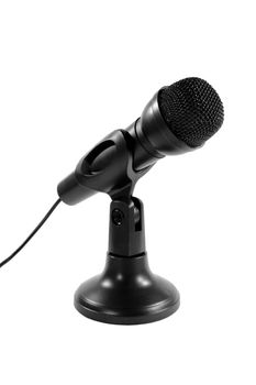Wired black microphone on a stand isolated on white.