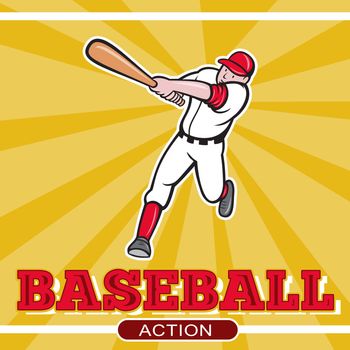 illustration of a baseball player batting cartoon style set inside square and ball in background with words Baseball Action