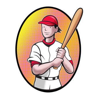 illustration of a baseball player batting cartoon style set inside oval in isolated background 
