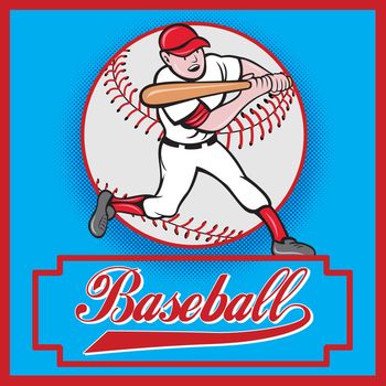 illustration of a baseball player batting cartoon style set inside square and ball in background with words Baseball