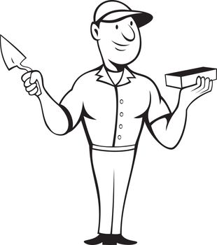 illustration of a bricklayer mason at work standing holding a brick and trowel done in cartoon style on isolated background
