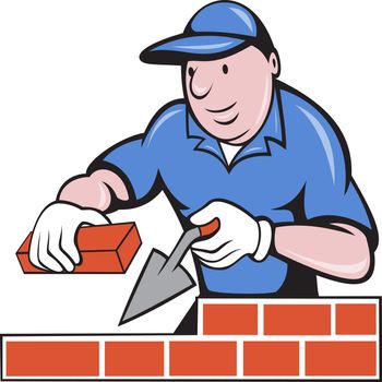 illustration of a bricklayer mason at work done in cartoon style on isolated background