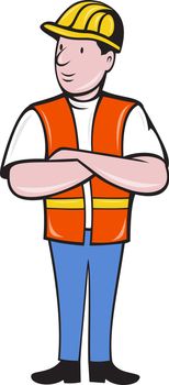 illustration of a construction worker wearing hard hat and safety vest with arms folded standing front on isolated background done in cartoon style